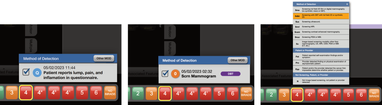 Three Method of Detection states: questionnaire trigger, screening mammogram trigger, full list