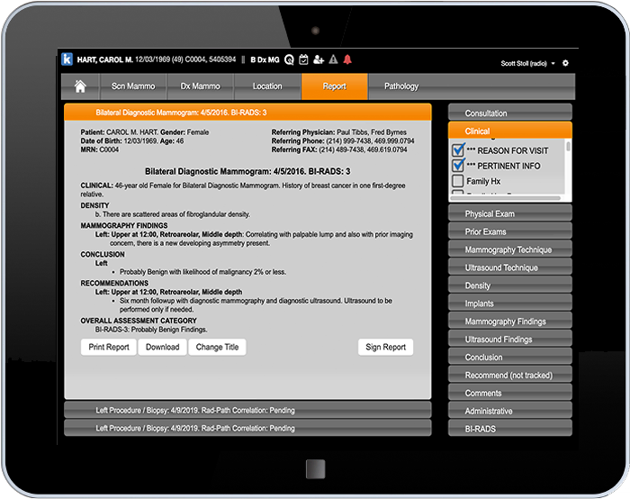 BI-RADS compliant report on tablet