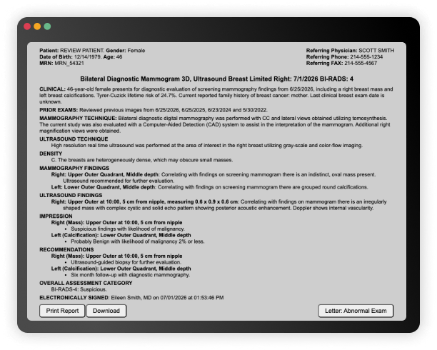 Diagnostic report with abnormal-exam letter action
