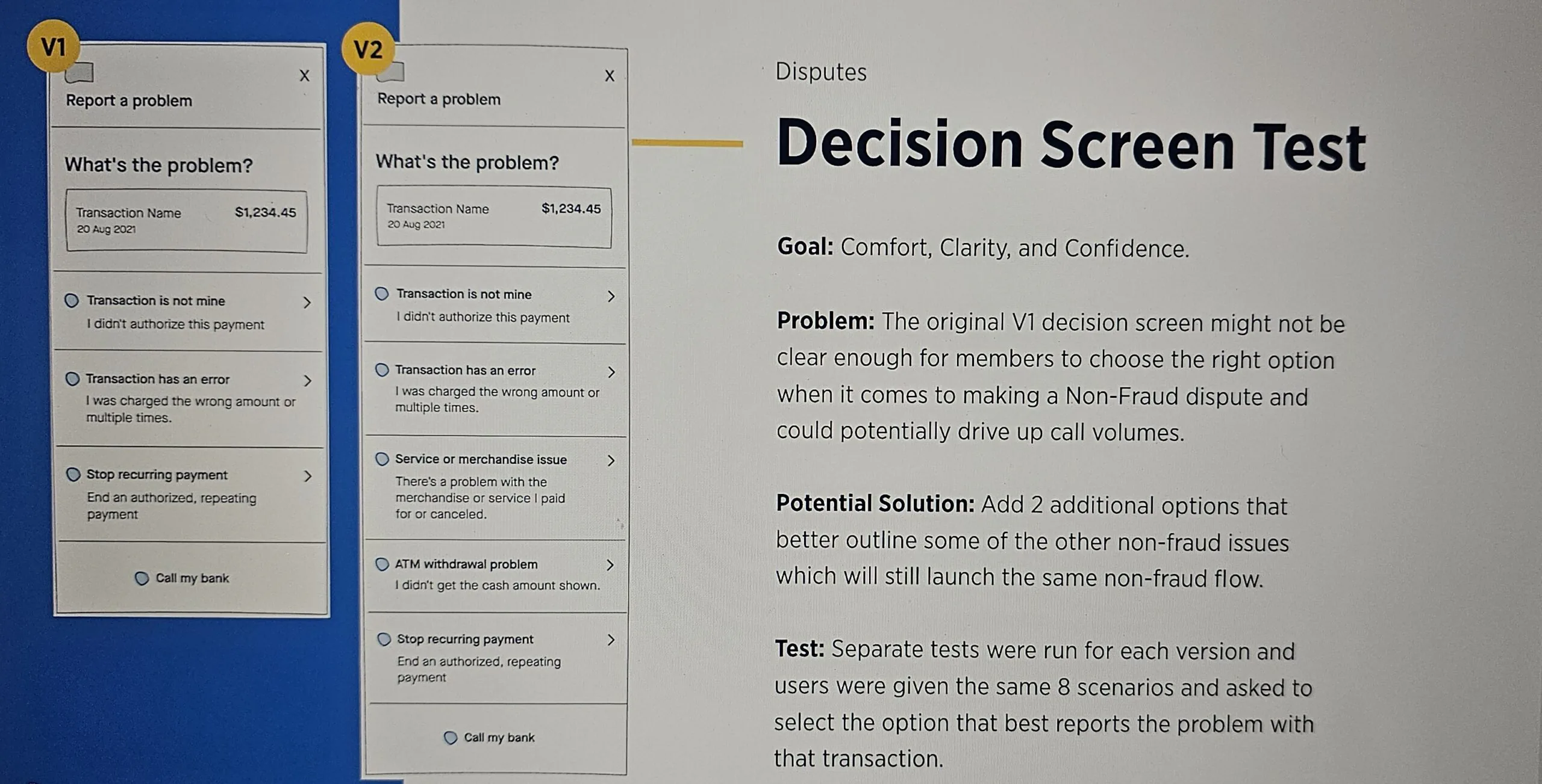 Decision screen test: V1 versus V2